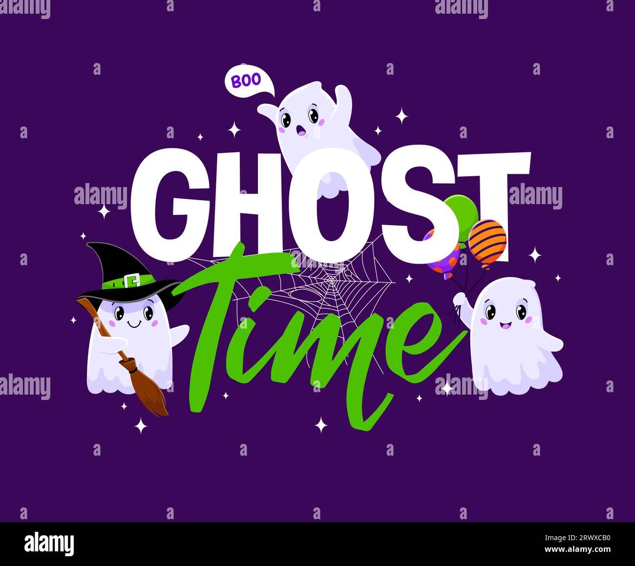 Comic kawaii Halloween Geister, Weihnachtszitat Vektor Typografie. Geisterzeit niedlicher Typ mit Halloween-Trick oder Treat Night Monsters Charakteren. Fliegende Phantome mit Hexenhut, Besen, Buh-Sprechblase Stock Vektor