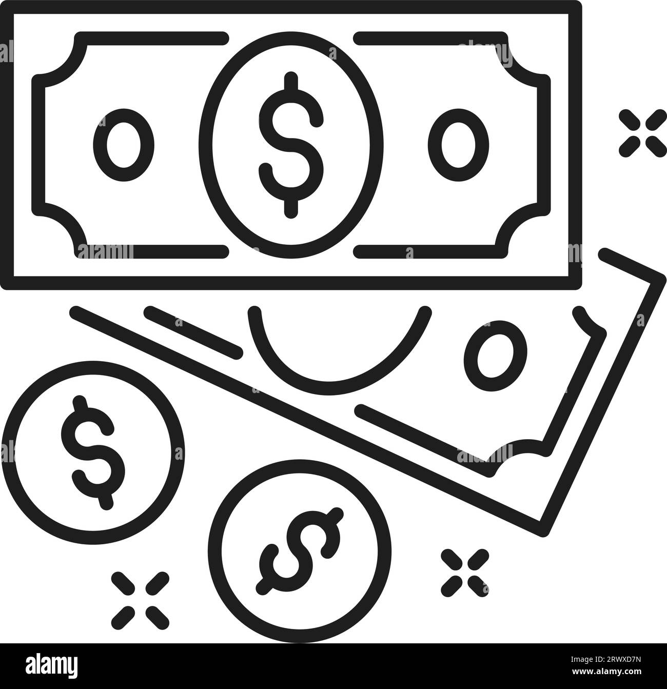 Amerikanischer Dollar und Münze, Casino-Geldschild, Bargeld oder Schatzkarte Symbol. Vektor-Jackpot-Gewinn, Geld und Stacks, Geschäftsinvestitionswährung Stock Vektor