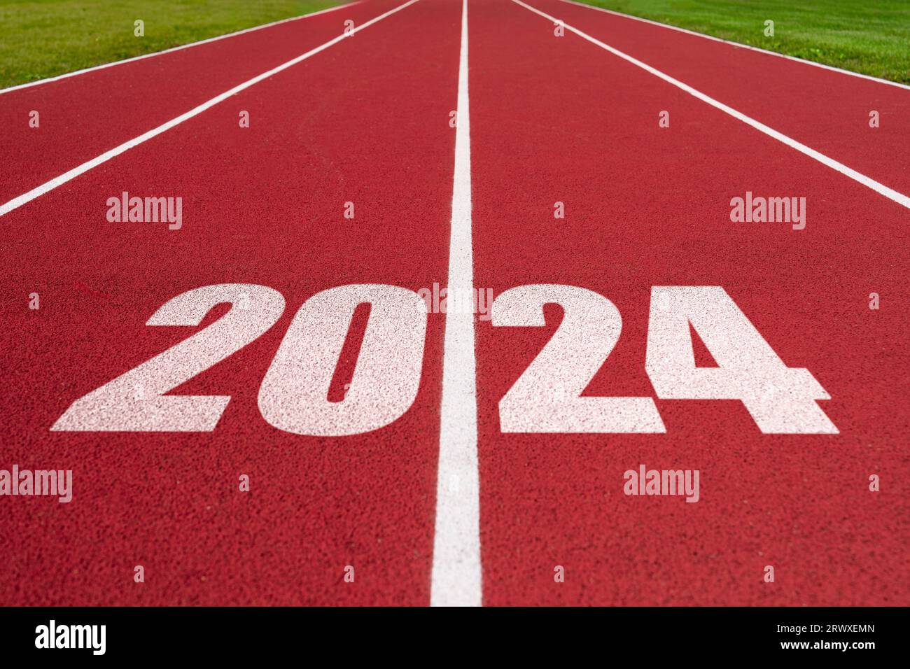 Jahr 2024 Konzept, Erfolgsjahr. LeichtathletikTrack mit Text 2024