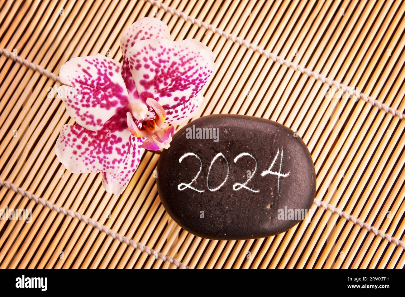 2024 geschrieben auf einem schwarzen Stein mit rosafarbener Orchidee, Zen-Grußkarte Stockfoto
