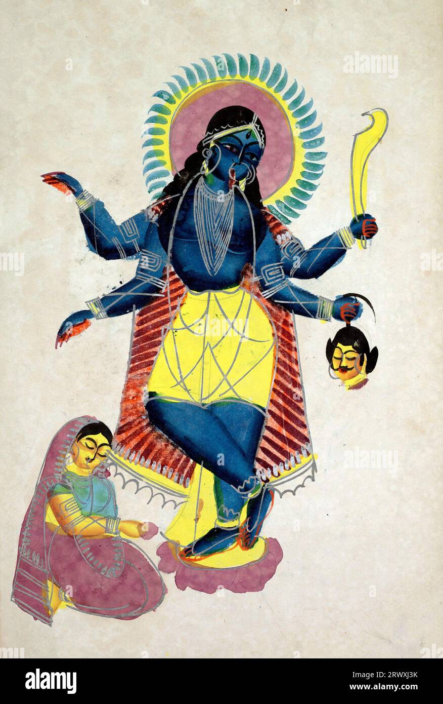 Krishna als Kali verehrt von Radha, unbekannter Künstler, Aquarell, Graphit und Tinte auf Papier, um 1890 Stockfoto