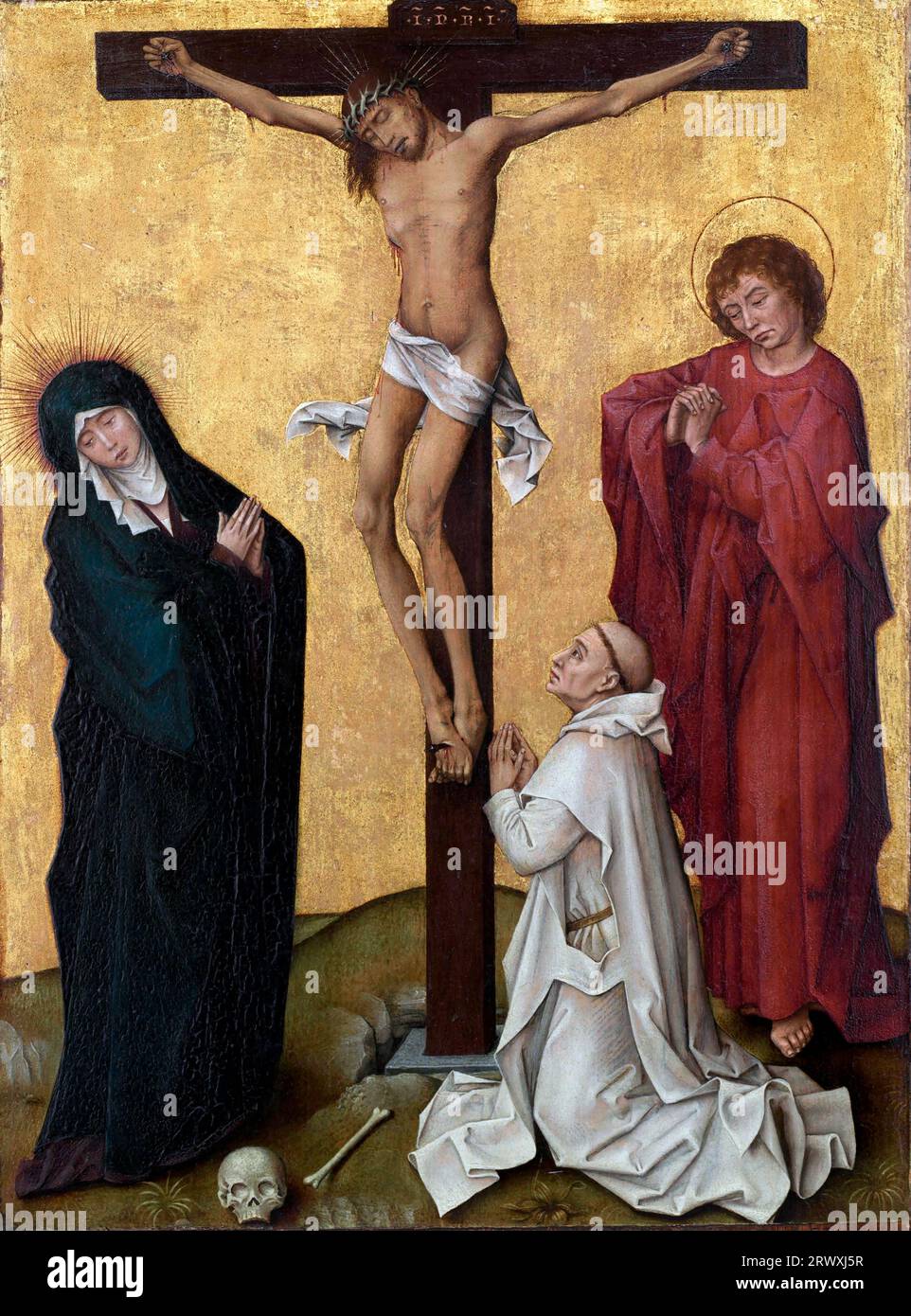 Die Kreuzigung mit einem Kartäusermönch von Rogier van der Weyden (ca. 1399-1464), Öl und Gold auf Holz, ca. 1460 Stockfoto