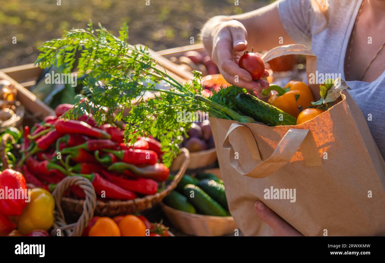 Eine Frau kauft Obst und Gemüse auf einem Bauernmarkt. Selektiver Fokus. Essen. Stockfoto