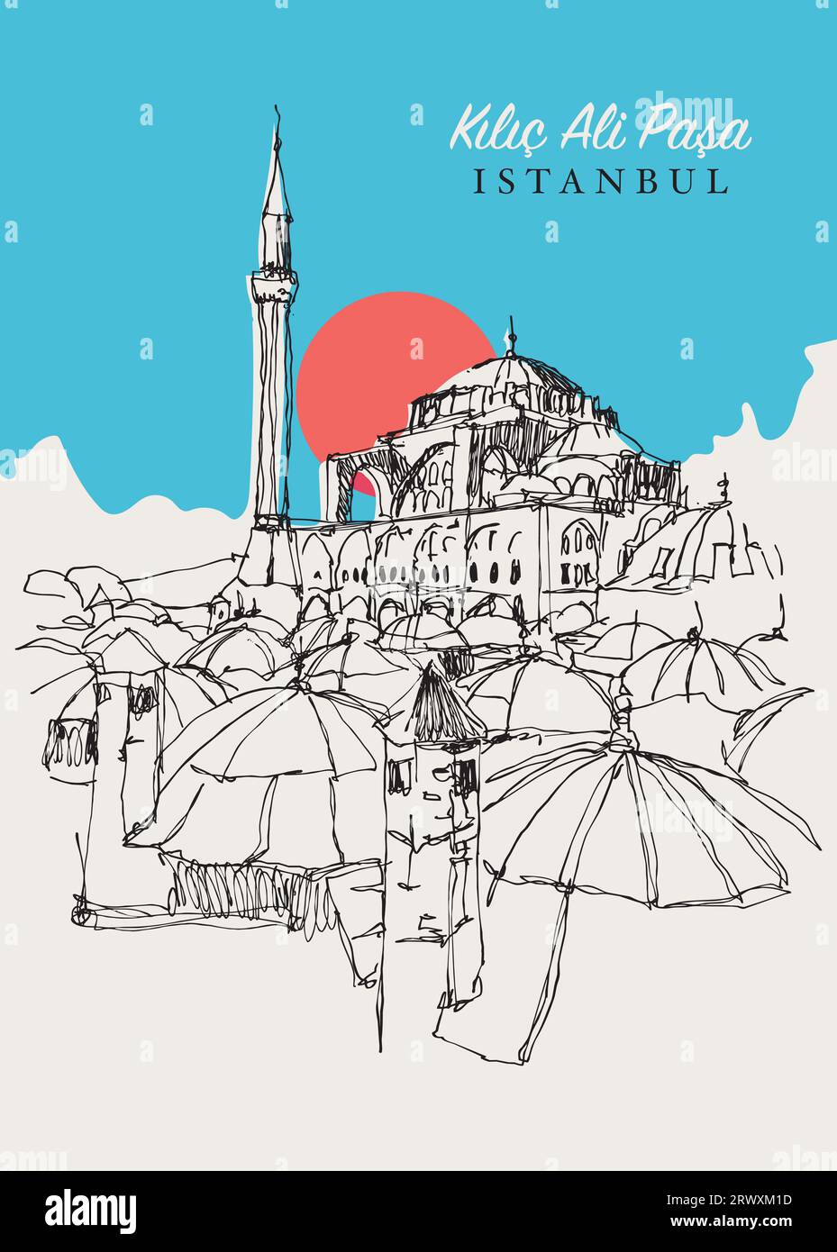 Vektor Hand gezeichnete Skizze Illustration der Kilic Ali Pascha Moschee in Karakoy, Istanbul, Turkiye. Stockfoto