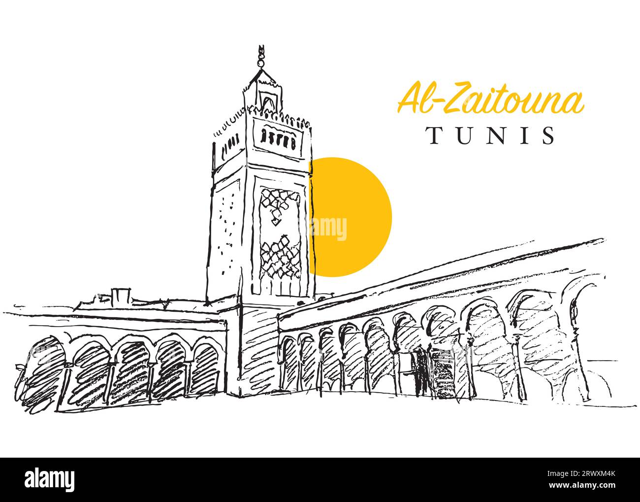 Vektor Hand gezeichnete Skizze Illustration der Al Zaytouna Moschee in Tunis Stadt, der Hauptstadt von Tunesien, Nordafrika Stockfoto