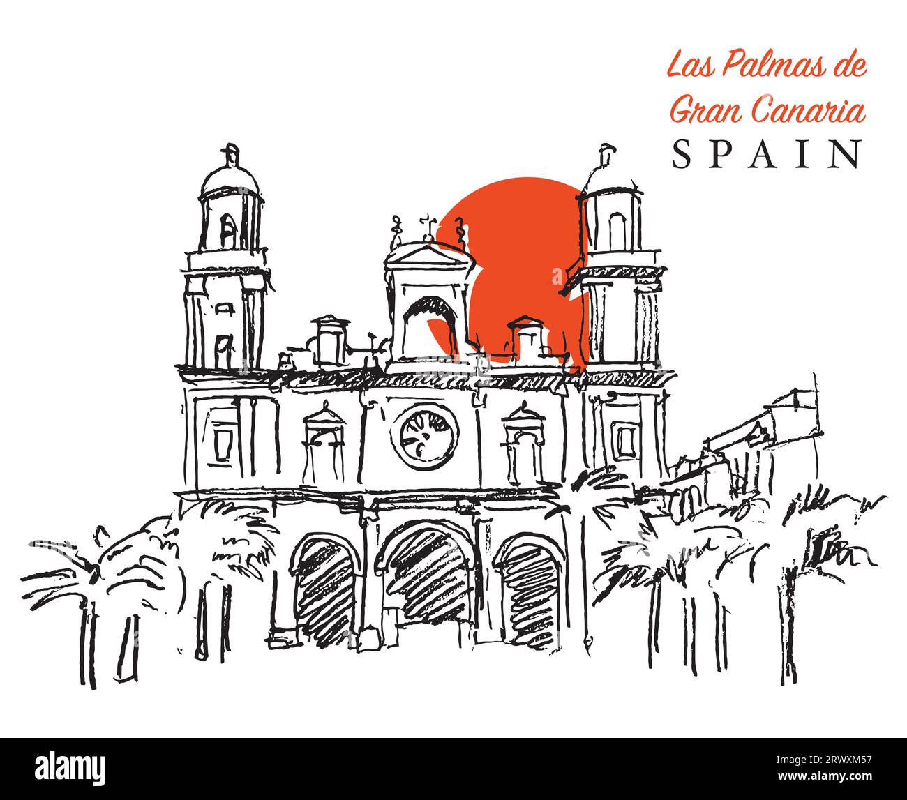 Vector Hand gezeichnete Skizze Illustration der Kathedrale von Santa Ana in Las Palmas, Gran Canaria, Spanien Stockfoto