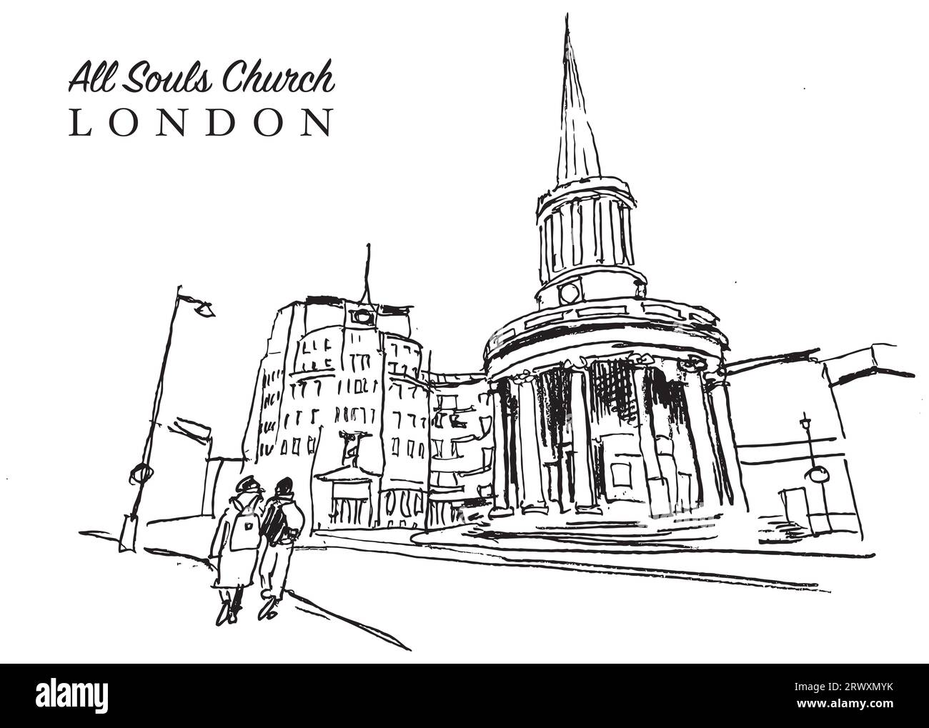 Vector Hand Drawn Sketch Illustration of the All Souls Church ist eine evangelische anglikanische Kirche im Zentrum Londons Stockfoto