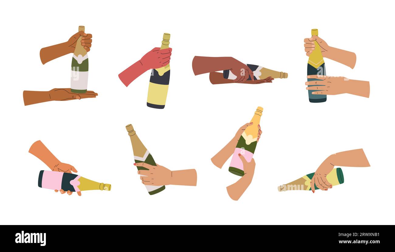 Menschliche Hände verschiedener Nationalitäten, die verschiedene Champagnerflaschen halten. Set mit Sekt, von Hand serviert. Konzept von Party, Urlaub oder Degustation Stock Vektor