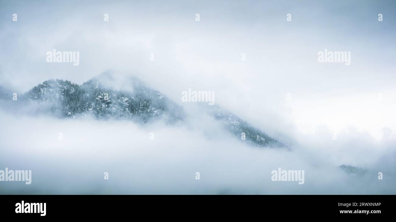 Moody, nebelige Panoramaaussicht von Berggipfeln in Wolken. Wunderschöne stimmungsvolle Landschaft mit Wolken, Wald und Bergen. Telemark, Norwegen. Stockfoto
