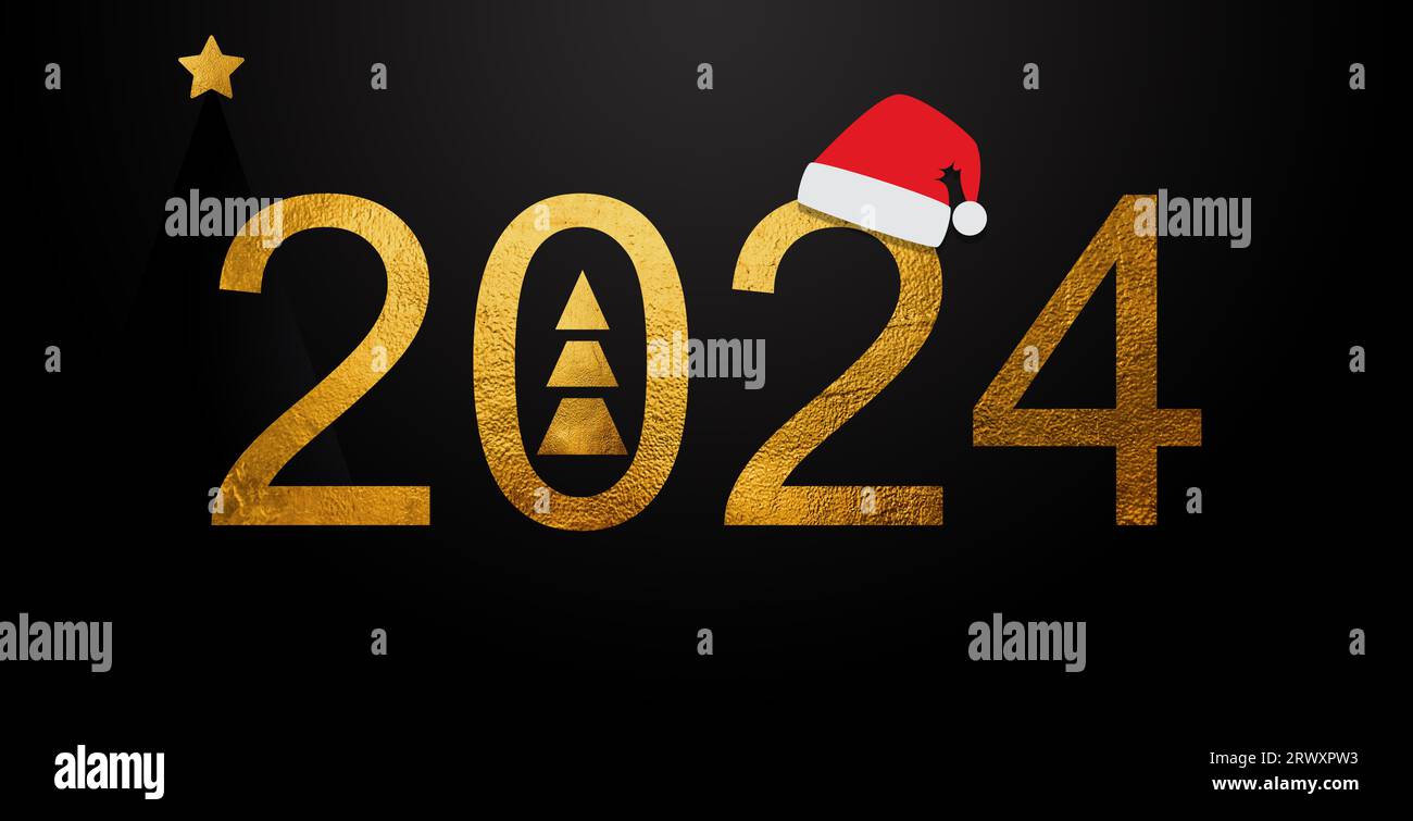 Neujahrsnummer 2024. Mit luxuriösen und eleganten 3D-Zahlen aus Gold. Hochwertiges Vektordesign für 2024, Banner, Kalenderposter, soziale Medien. Stockfoto