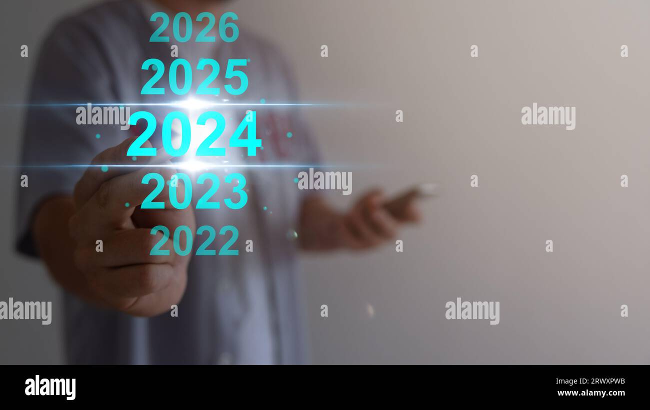 Hintergrund der digitalen modernen Technologie und Neujahrstext 2024, Konzept von Plan und Strategie. Stockfoto