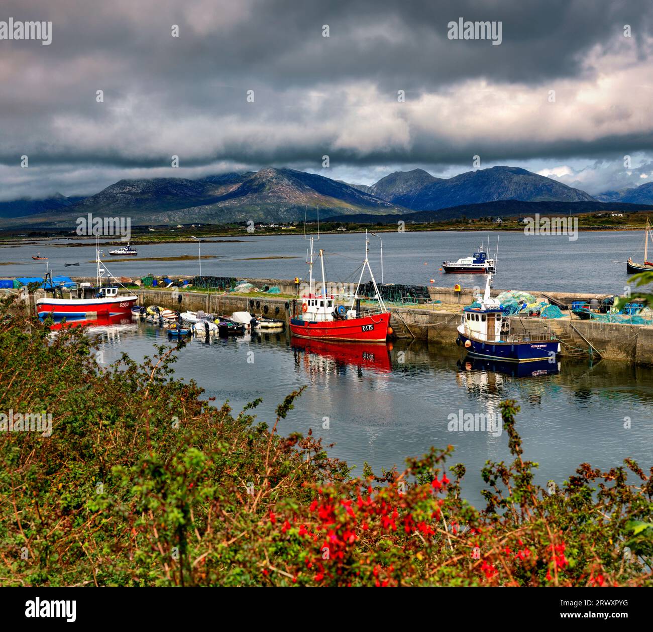 Roundstone Harbour und The Twelve Pins, Connemara, County Galway, Irland Stockfoto