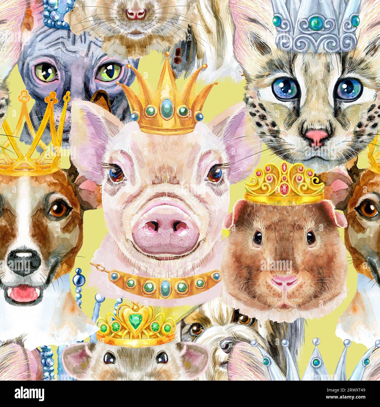 Haustiere an der Grenze. Handbemalte Aquarellzeichnung, isolieren Sie ClipArt auf weißem Hintergrund. Bannerdesign Stockfoto