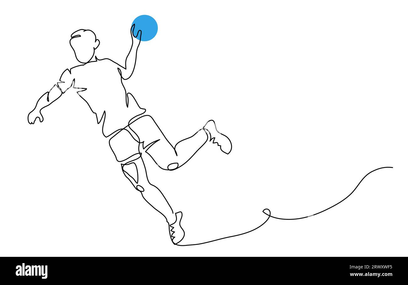 Handball player throws the ball. One continuous line art drawing of handball player in jump Stock Vektor
