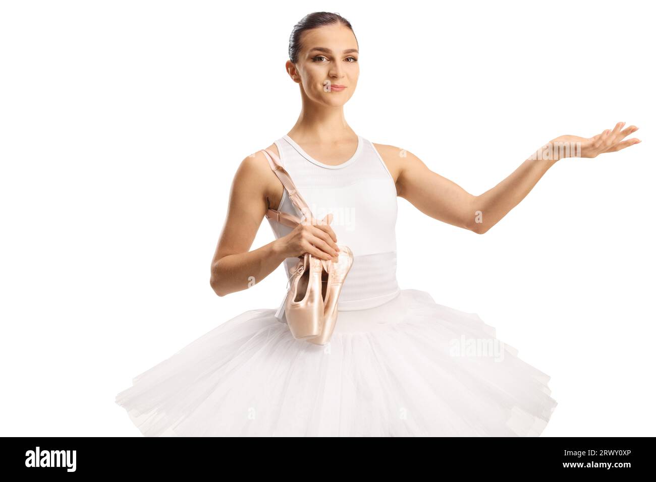 Ballerina mit Zehenschuhen und Gesten mit Hand isoliert auf weißem Hintergrund Stockfoto