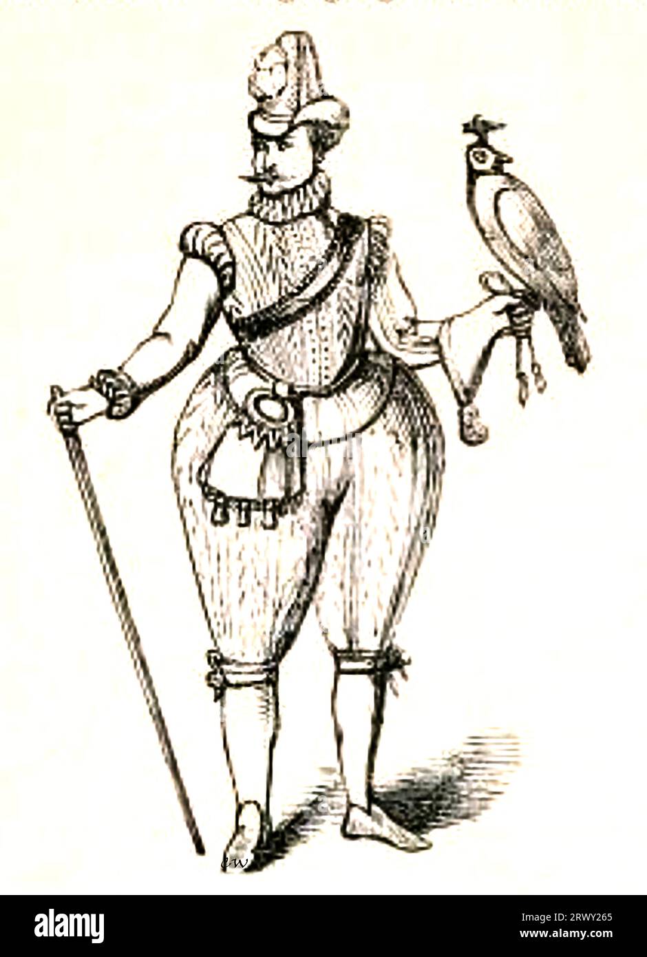 König Jakob I. von England trug Bombarden (ein Name, der von einer Art früher Kanonen oder Mörser stammt, die im Mittelalter und bald danach verwendet wurden) und hielt einen Falken, der für die Jagd verwendet wurde. Stockfoto