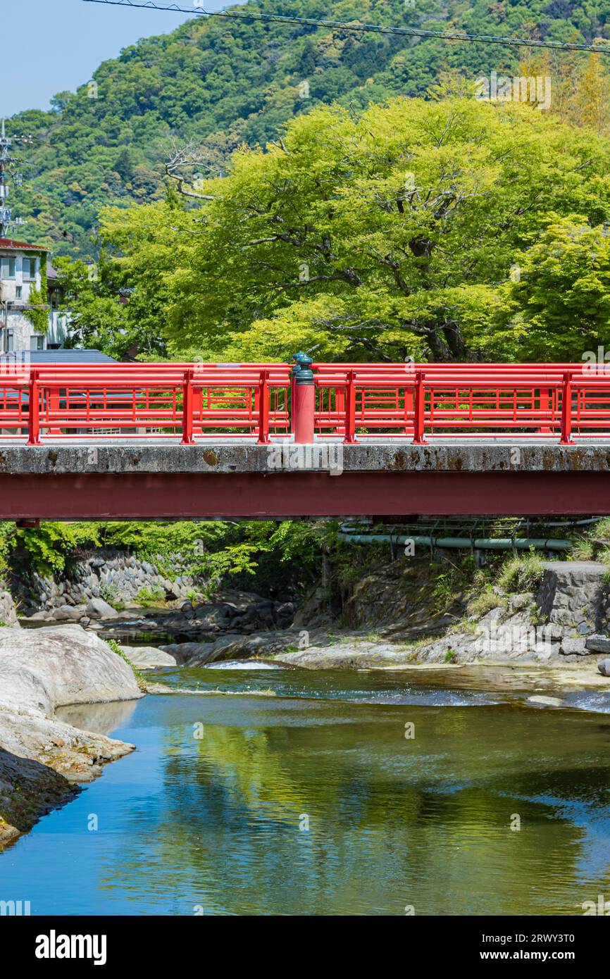Shuzenji Onsen Togetsu Bridge glänzt im frischen Grün Stockfoto