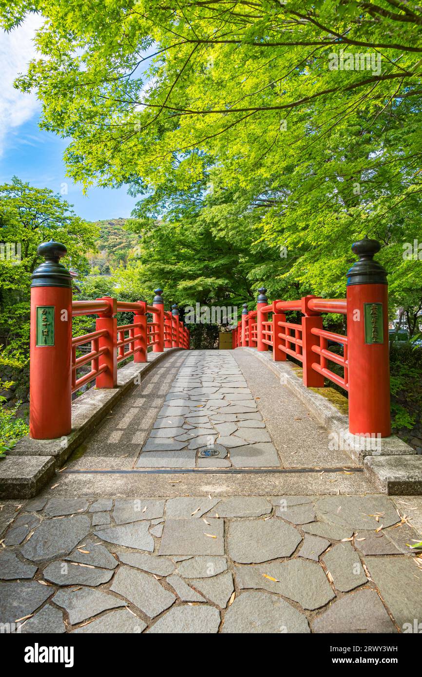 Shuzenji Onsen Kaede-Bashi-Brücke im frischen Grün des Frühlings (Landschaft von Süden nach Norden) Stockfoto