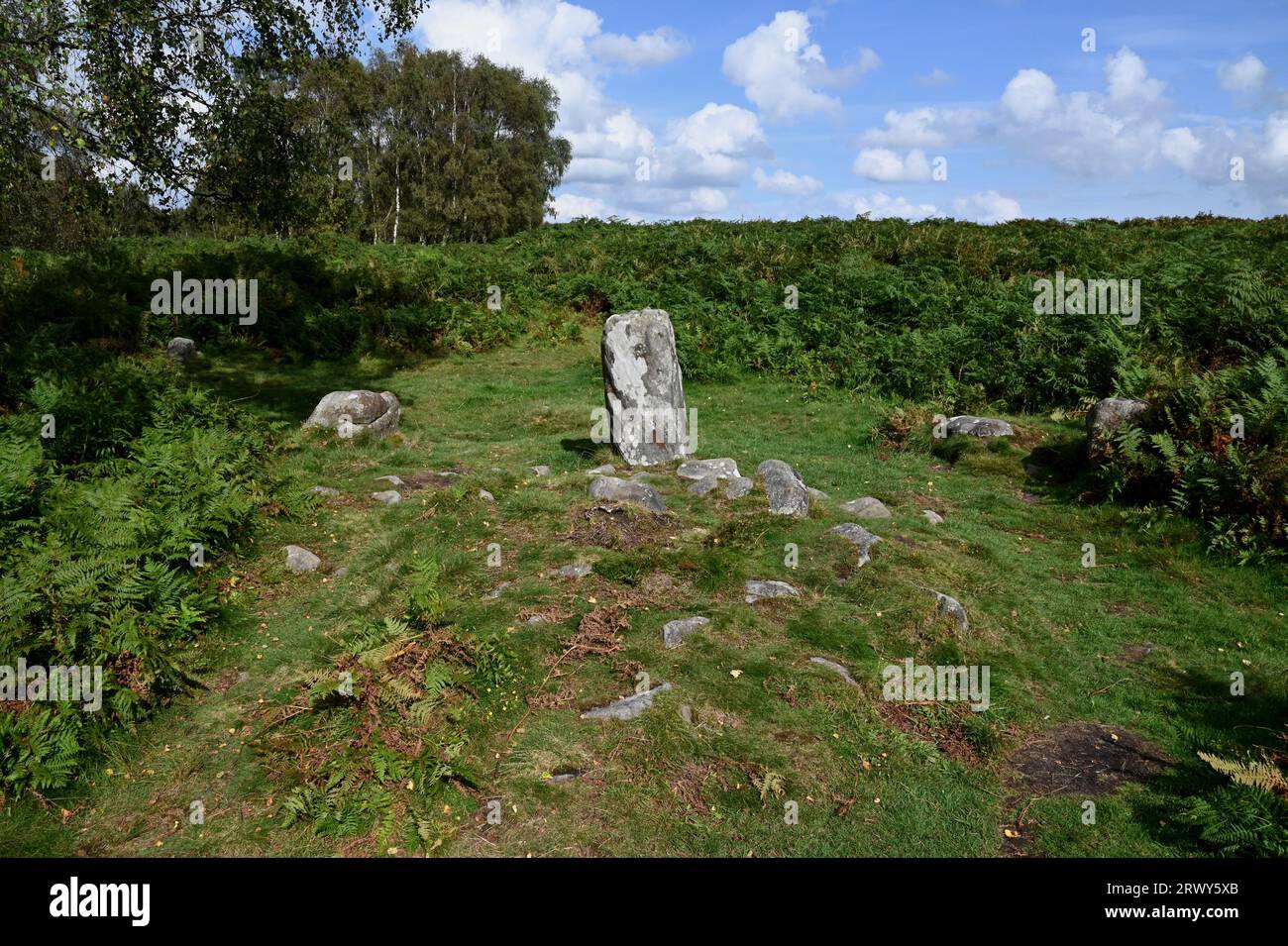 Der größte stehende Stein im Froggatt Edge Stone Circle (auch bekannt als Stoke Flat Stone Circle) im Derbyshire Peak District. Sie stammt aus der Bronzezeit Stockfoto