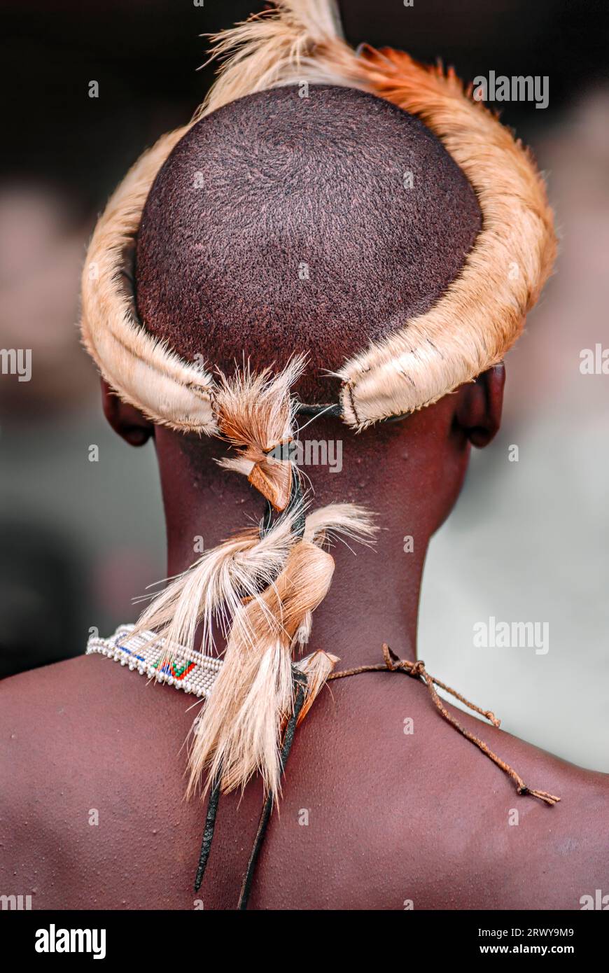 Nahaufnahme eines traditionellen Kopfschmucks eines männlichen Zulu-Tänzers in Durban, Südafrika Stockfoto