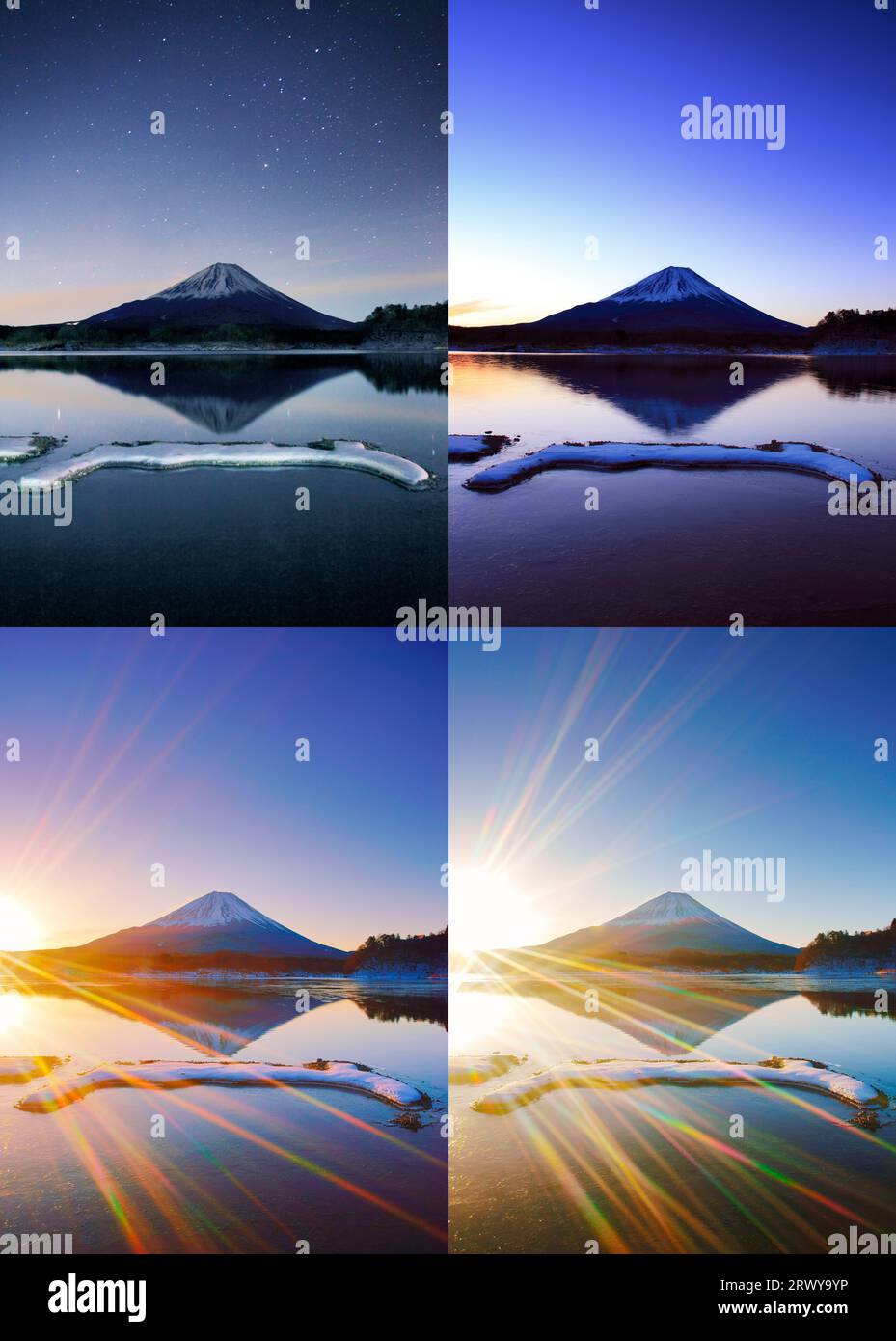 Fuji und Lake Shojin von Nacht bis Morgen Stockfoto