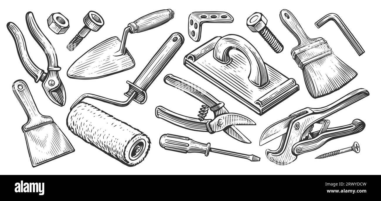 Bau- oder Reparaturzubehör. Werkzeugsatz. Handgezeichnete Skizzenzeichnung Stockfoto