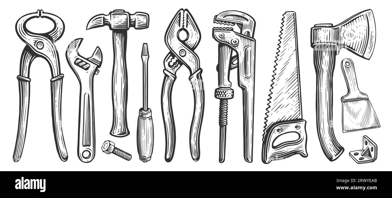 Werkzeugsatz für Bau- oder Reparaturarbeiten. Handgezeichnete Skizzenzeichnung Stockfoto