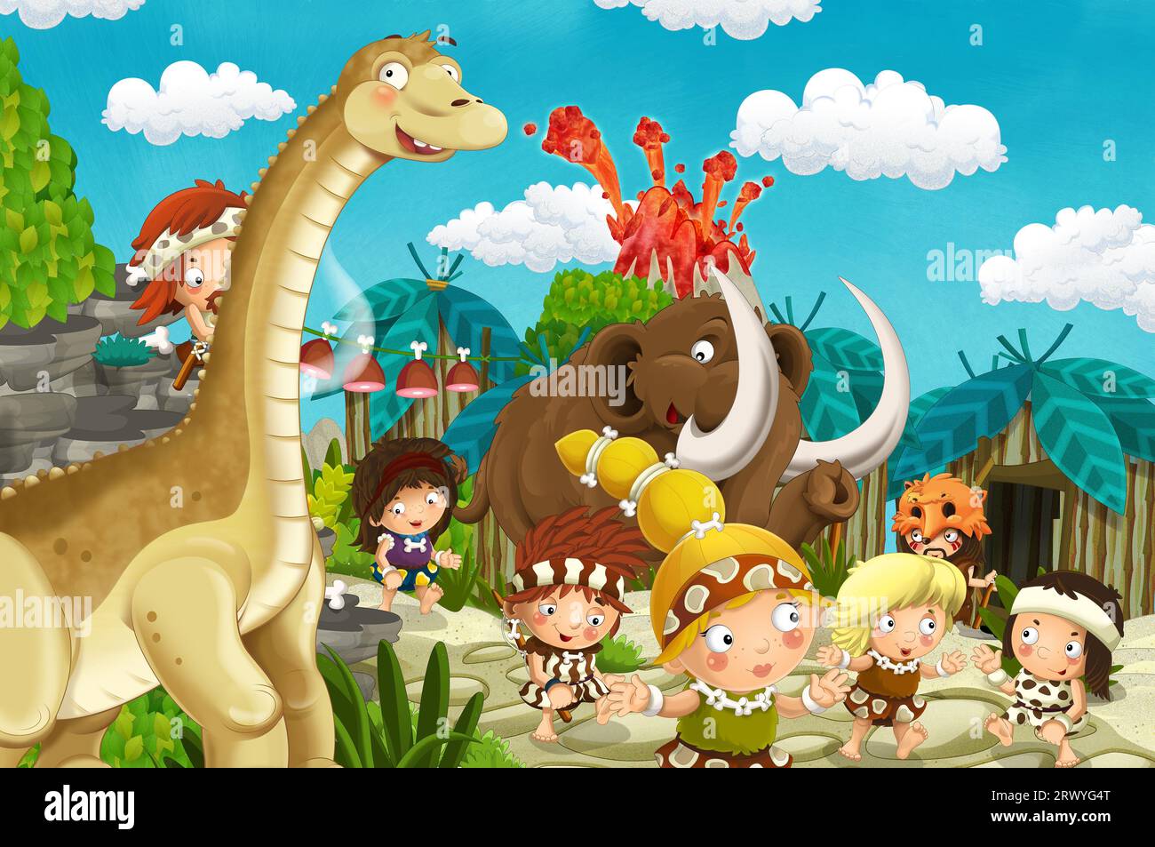 Karikatur Cavemen Dorfszene mit Vulkan und Dinosaurier Diplodocus im Hintergrund - Illustration für Kinder Stockfoto