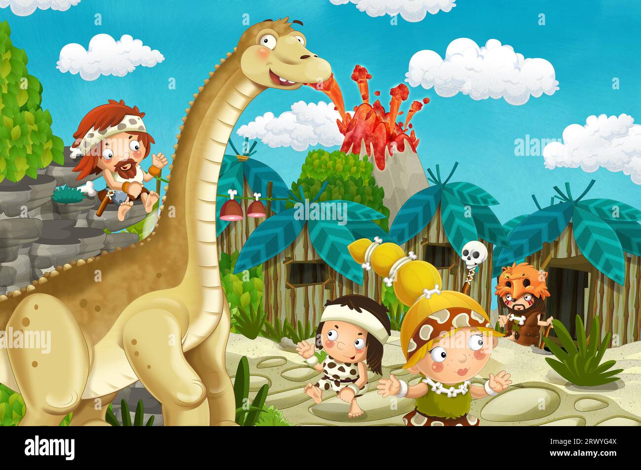 Karikatur Cavemen Dorfszene mit Vulkan und Dinosaurier Diplodocus im Hintergrund - Illustration für Kinder Stockfoto