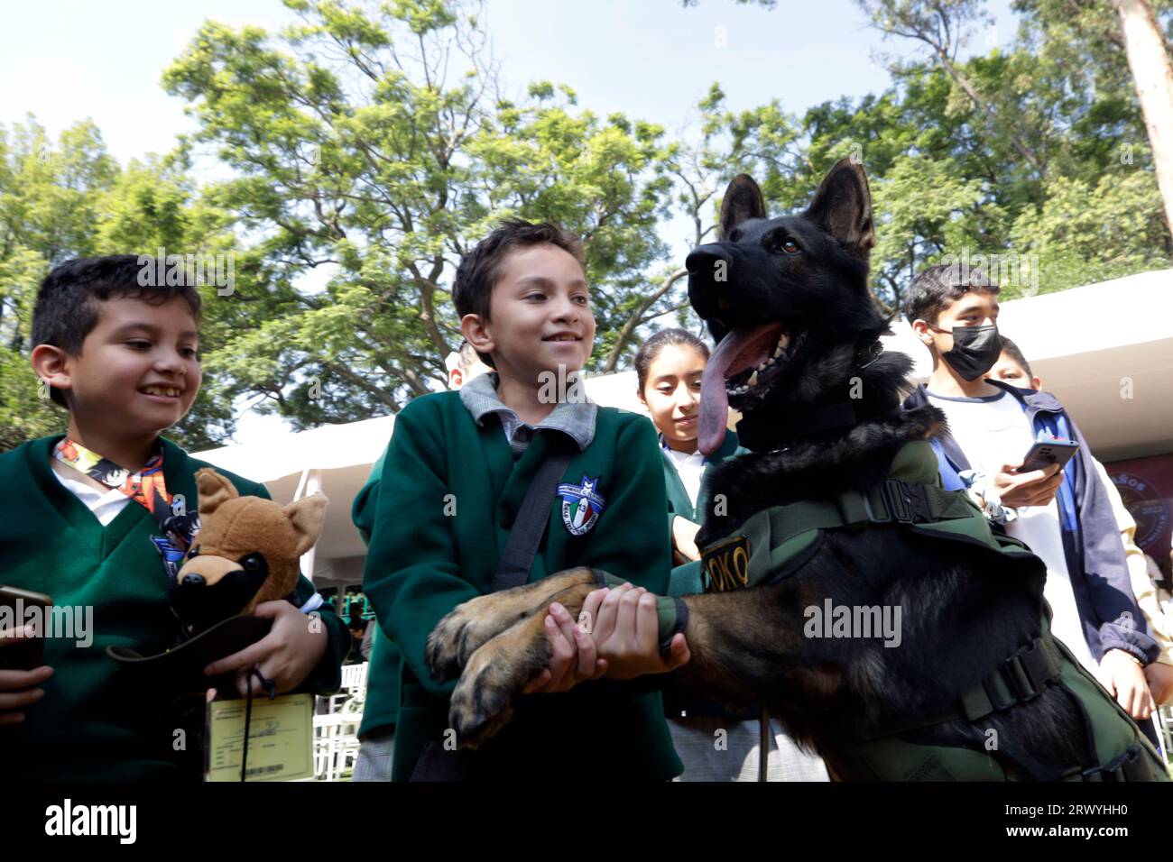 Mexiko-Stadt, Mexiko. September 2023. Grundschüler und der Rettungshund „Roko“ bei der National Canine Pair Day Zeremonie auf dem Marte Military Field in Mexiko-Stadt. Am 21. September 2023 in Mexiko-Stadt, Mexiko (Bild: © Luis Barron/Okularepix über ZUMA Press Wire) NUR REDAKTIONELLE VERWENDUNG! Nicht für kommerzielle ZWECKE! Stockfoto