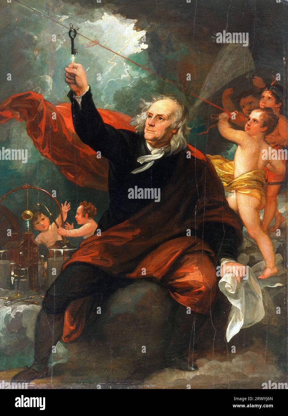 Benjamin Franklin Drawing Electricity from the Sky, 1816, Gemälde von Benjamin West. Benjamin Franklin (1706–1790), Gründungsvater der Vereinigten Staaten von Amerika Stockfoto