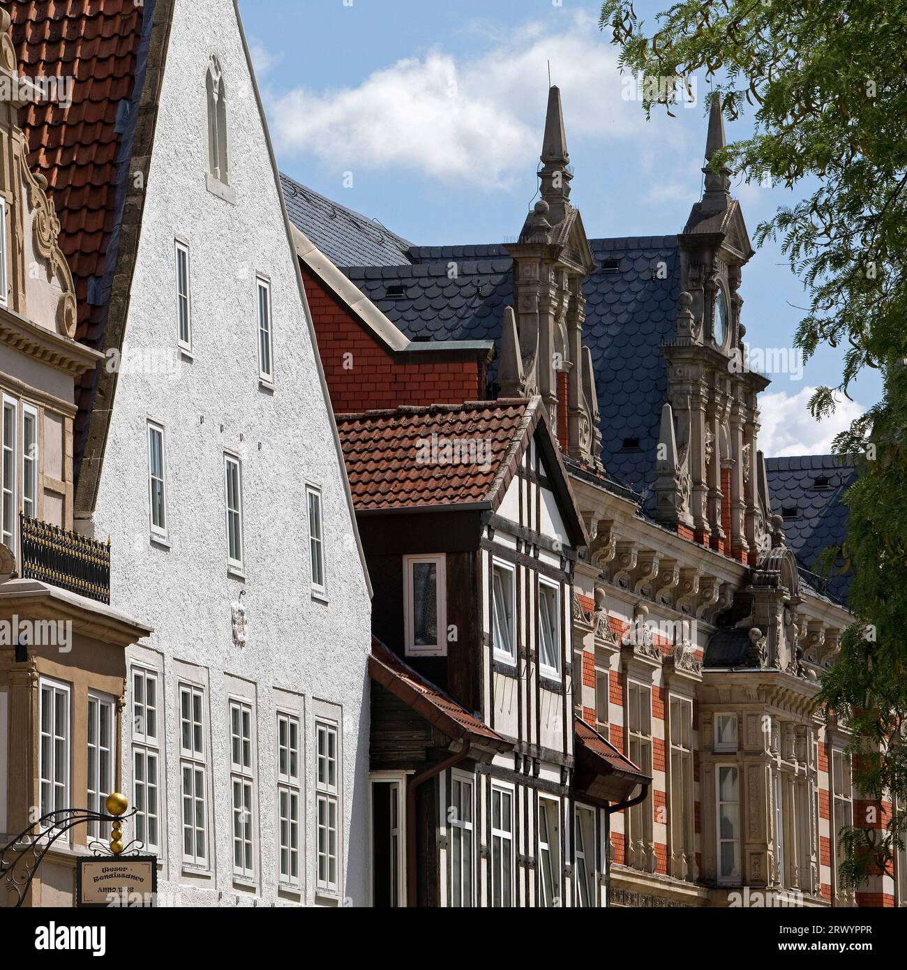 Fassaden in der Altstadt von Hameln, Deutschland, Niedersachsen, Hameln Stockfoto