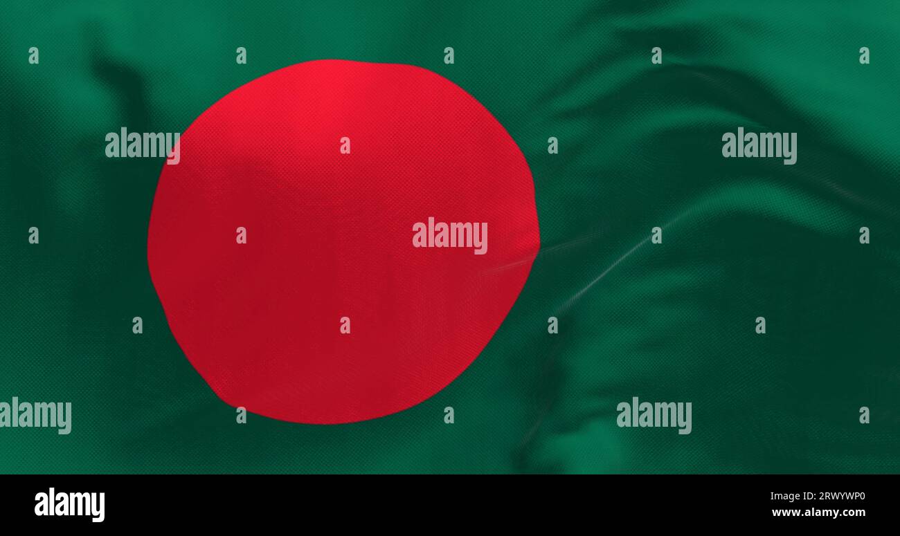 Nahaufnahme der Nationalflagge von Bangladesch, die winkt. Dunkelgrünes Banner mit einer roten Scheibe oder Sonne oben. 3D-Darstellung. Fabelhaft flatternd Stockfoto