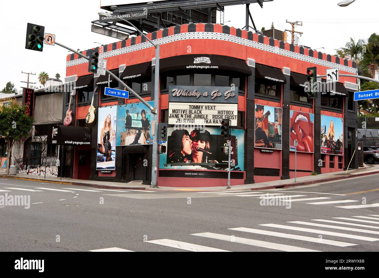 Rolling Stones, Rock and Roll, Werbetafeln, Whisky A Go Go, Sunset Strip, West Hollywood, Los Angeles, Kalifornien, USA Stockfoto