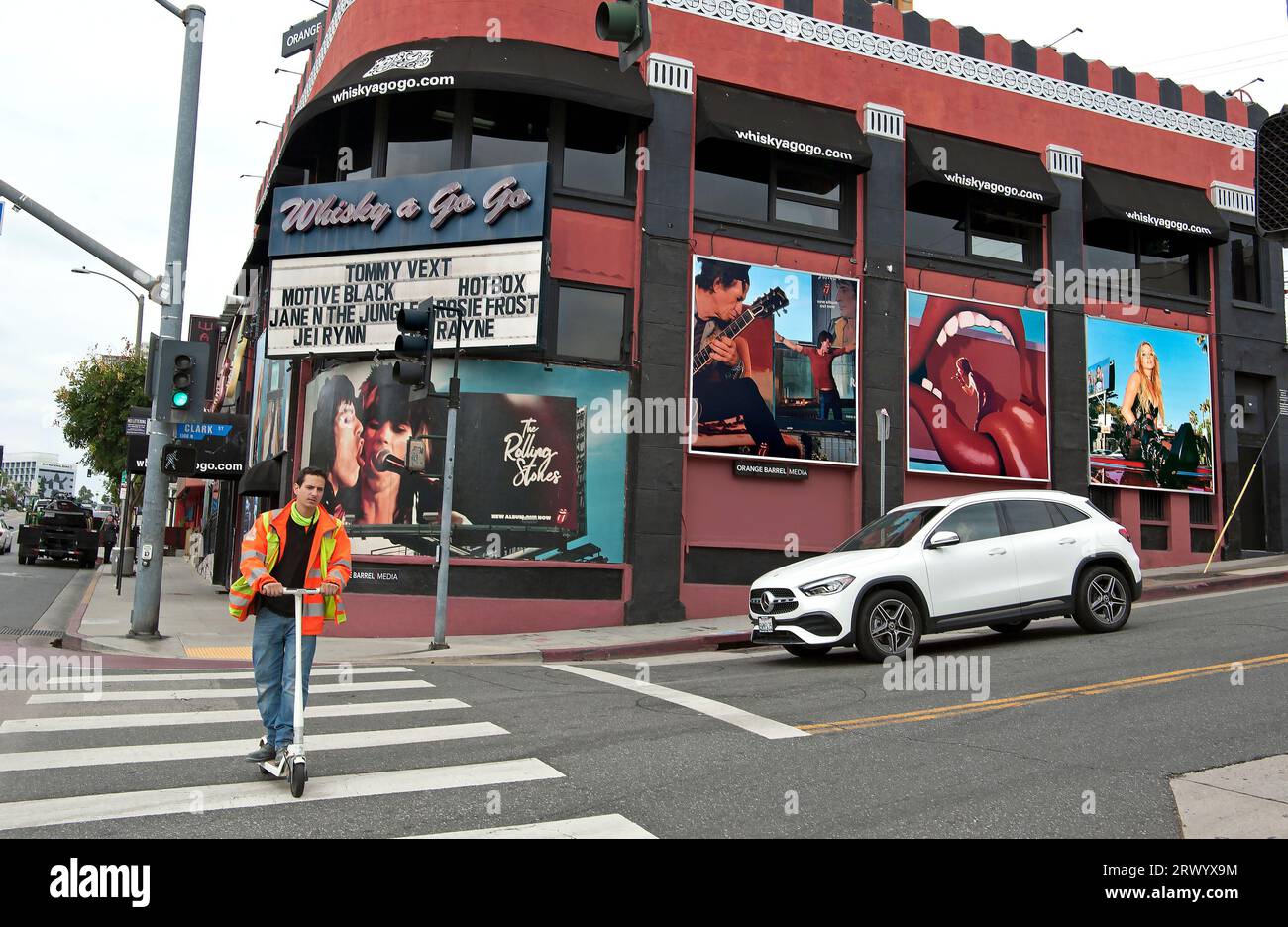 Rolling Stones, Rock and Roll, Werbetafeln, Whisky A Go Go, Sunset Strip, West Hollywood, Los Angeles, Kalifornien, USA Stockfoto
