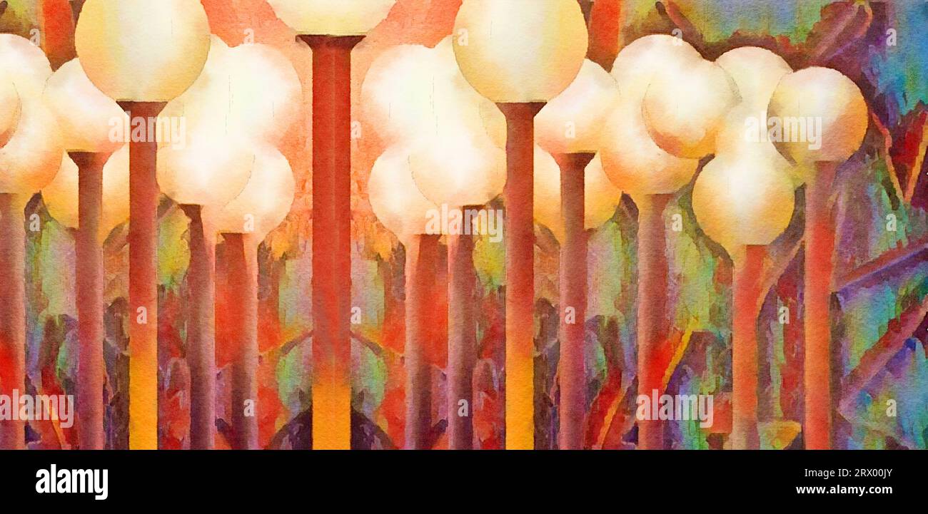 Straßenlaternen, oder Terrassenlichter, runde Globen werden auf Stangen gesehen und nachts in einem digitalen 3D-Bild mit Aquarellhintergrund beleuchtet. Stockfoto