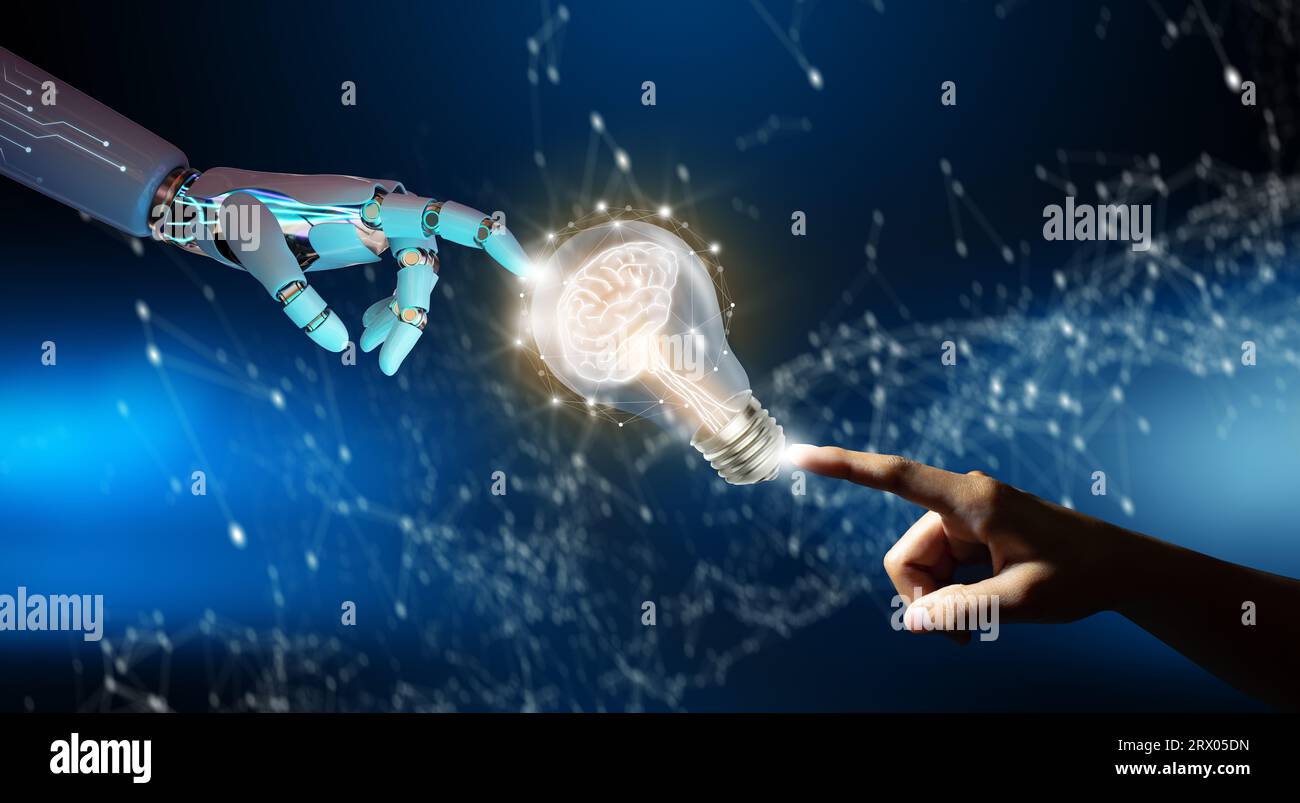 KI-Roboterhand und menschliche Hand, die ein Gehirn in eine Glühbirne zeigen. Künstliche Intelligenz. Hintergrund des Konvergenzpunkts des Stromkreises. Stockfoto