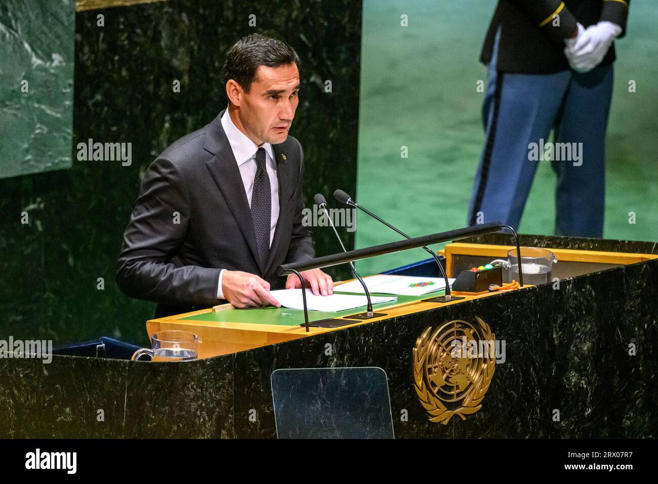 New York, USA, 19. September 2023. Der turkmenische Präsident Serdar Berdimuhamedov spricht auf der Eröffnungssitzung der 78. UN-Generalversammlung im Stockfoto