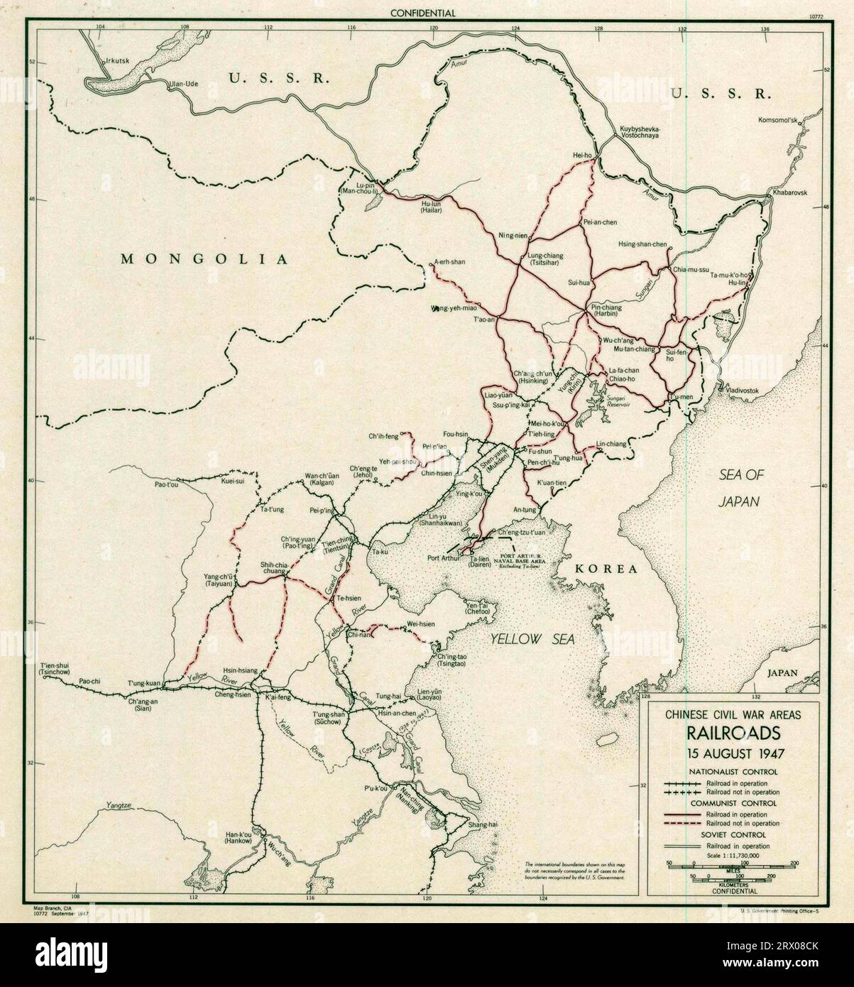 Karte der chinesischen Bürgerkriegsgebiete Eisenbahnen 15. August 1947 Stockfoto