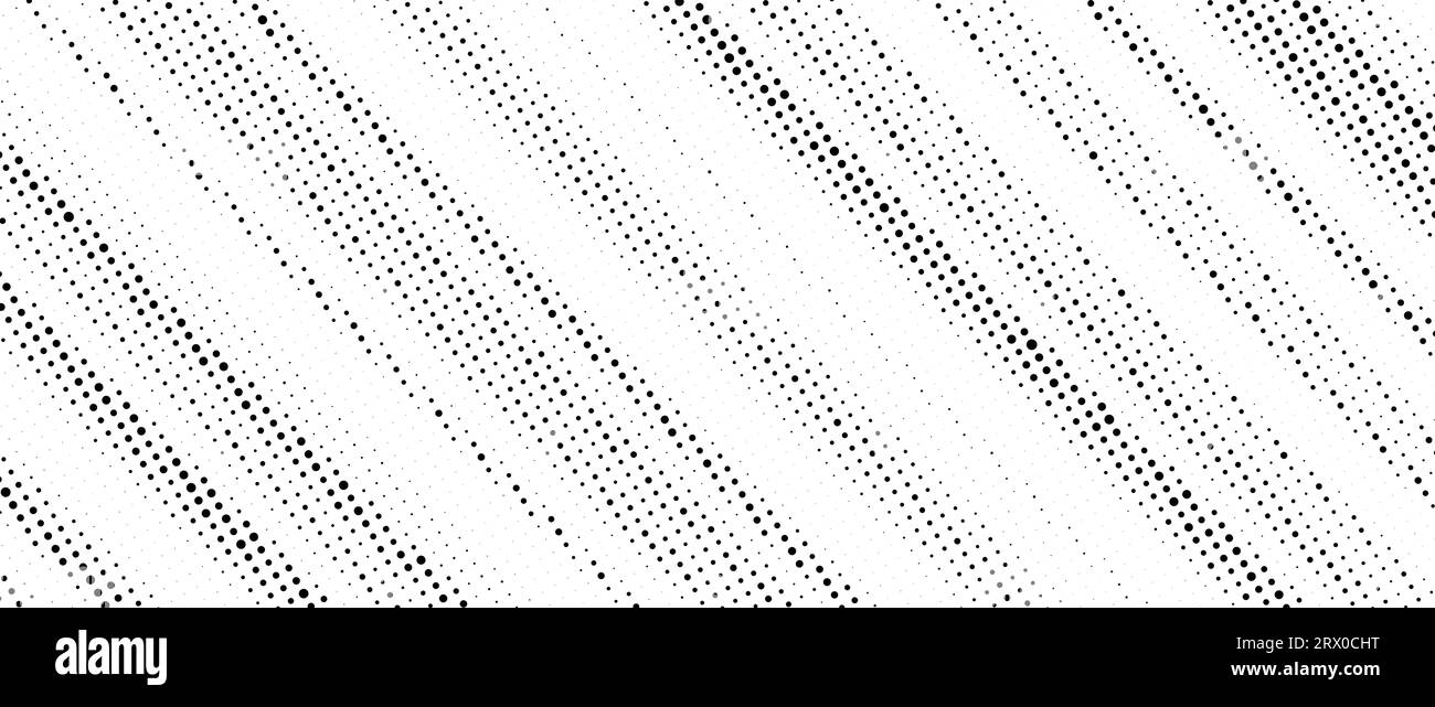 Schräg gestreifte Halbtonstruktur. Weiß und schwarz gepunktete schräge, verblasste Farbverläufe. Grunge-Rauschen schräge Linien Hintergrund. Abstrakte Pop-Art und Comic-Tapete. Vektorverpixelter Hintergrund Stock Vektor