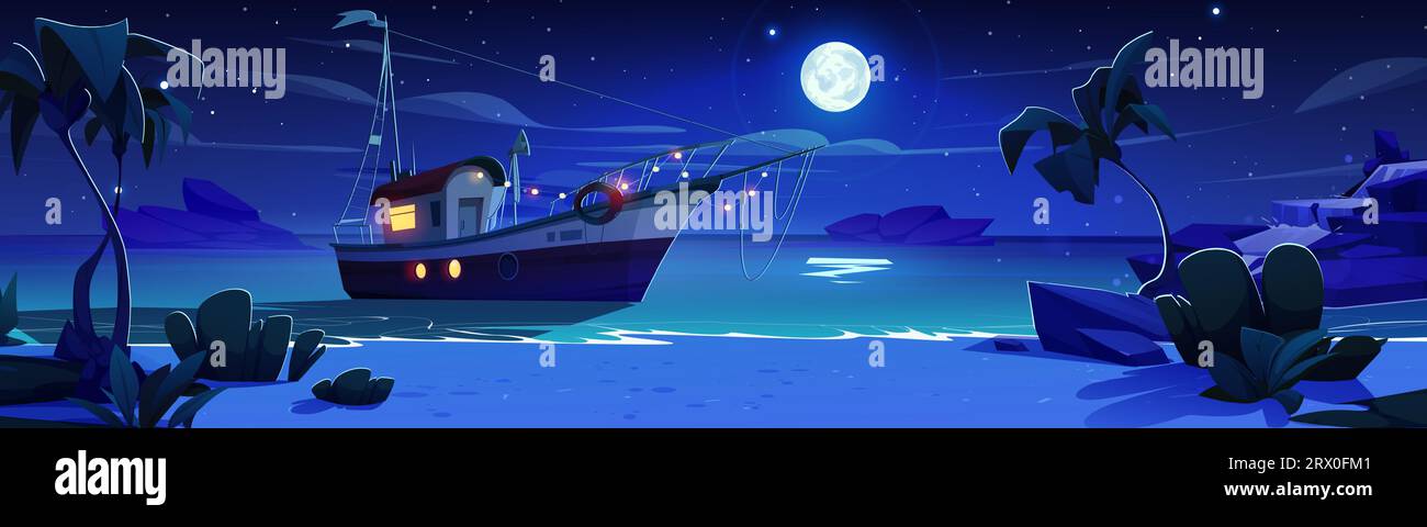 Fischerboot, das in der Nachtruhe schwimmt. Vektor-Karikaturillustration des Schiffes in der Nähe des schönen Sandstrandes, exotische Palmen, Wellen, die dunkle Küste waschen, Vollmond und Sterne, die im Mitternachtshimmel glühen Stock Vektor