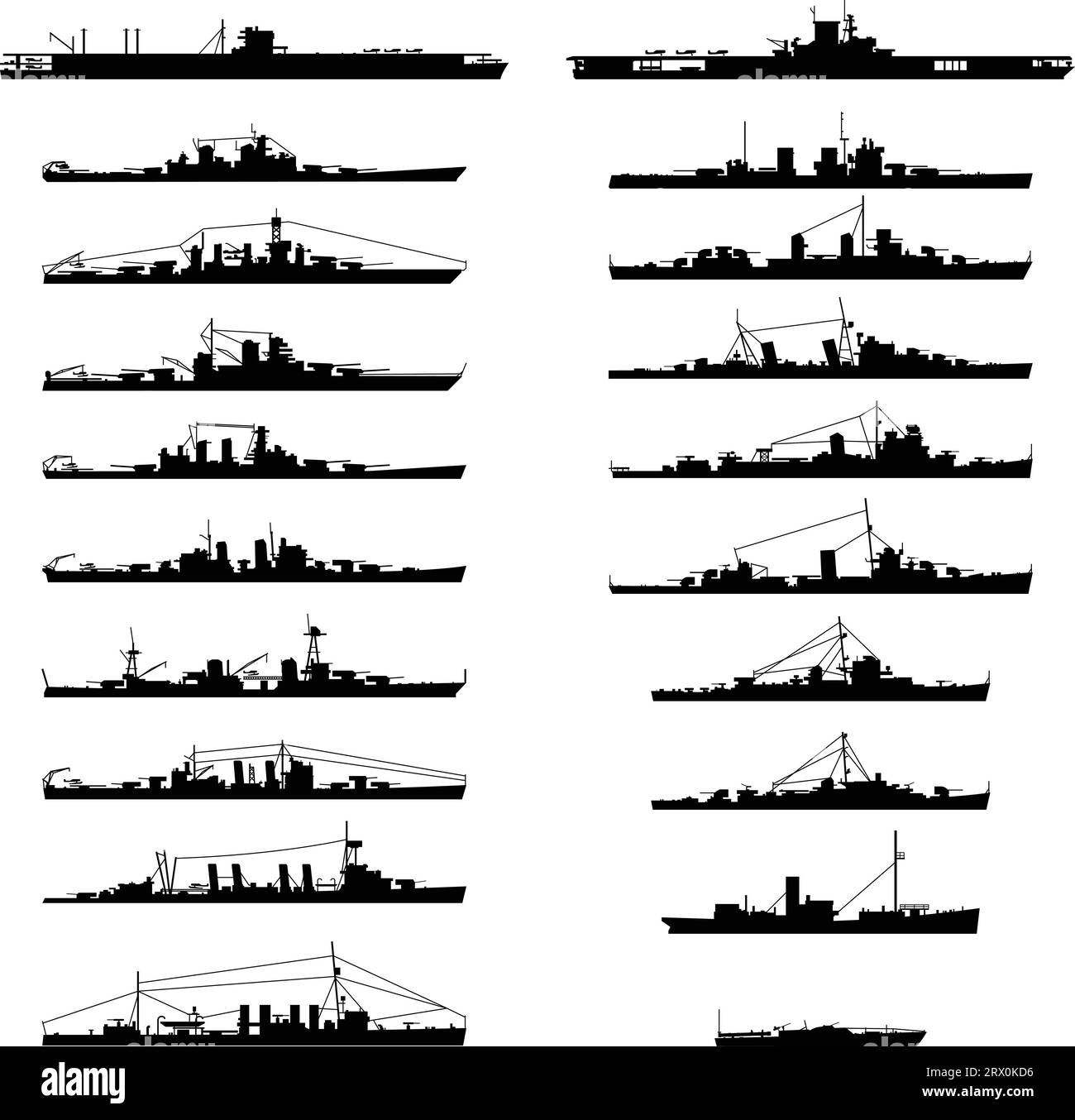Vektorillustration verschiedener Kriegsschiff-Silhouette. Stock Vektor