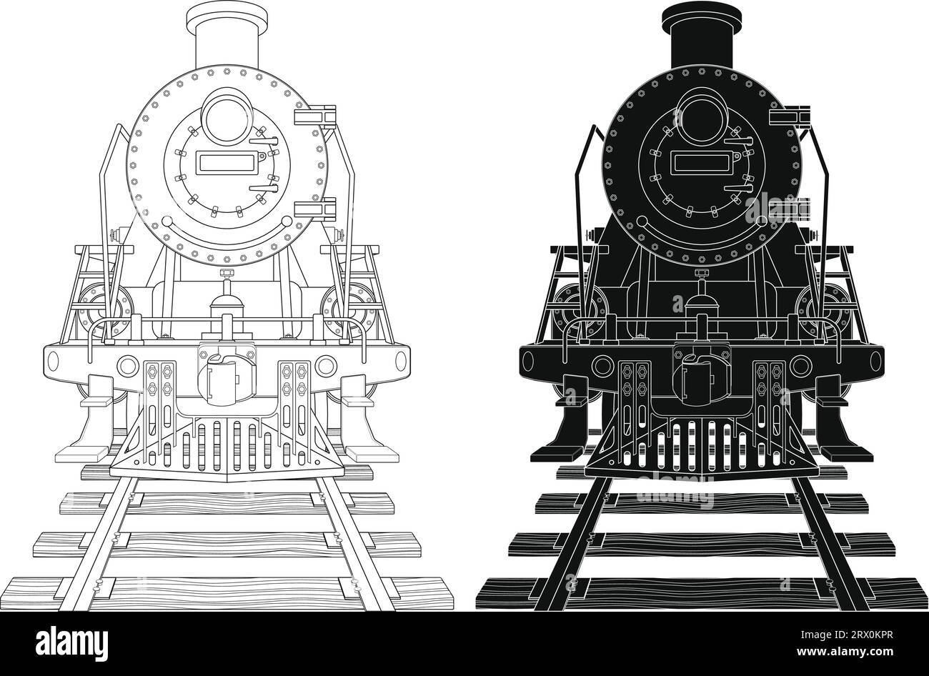 Geschichtete editierbare Vektorillustration Silhouette der altmodischen Dampflokomotive. Stock Vektor