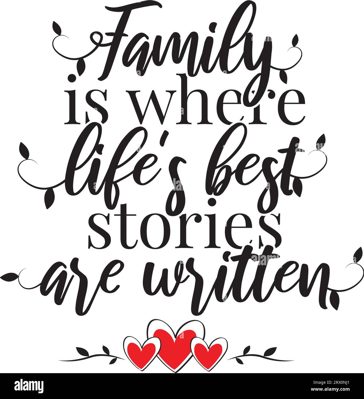 Familie ist, wo die besten Geschichten des Lebens geschrieben werden, Vektor, Wortwahl, Schrift. Wandaufkleber, Wandbilder, Posterdesign isoliert auf weiß Stock Vektor