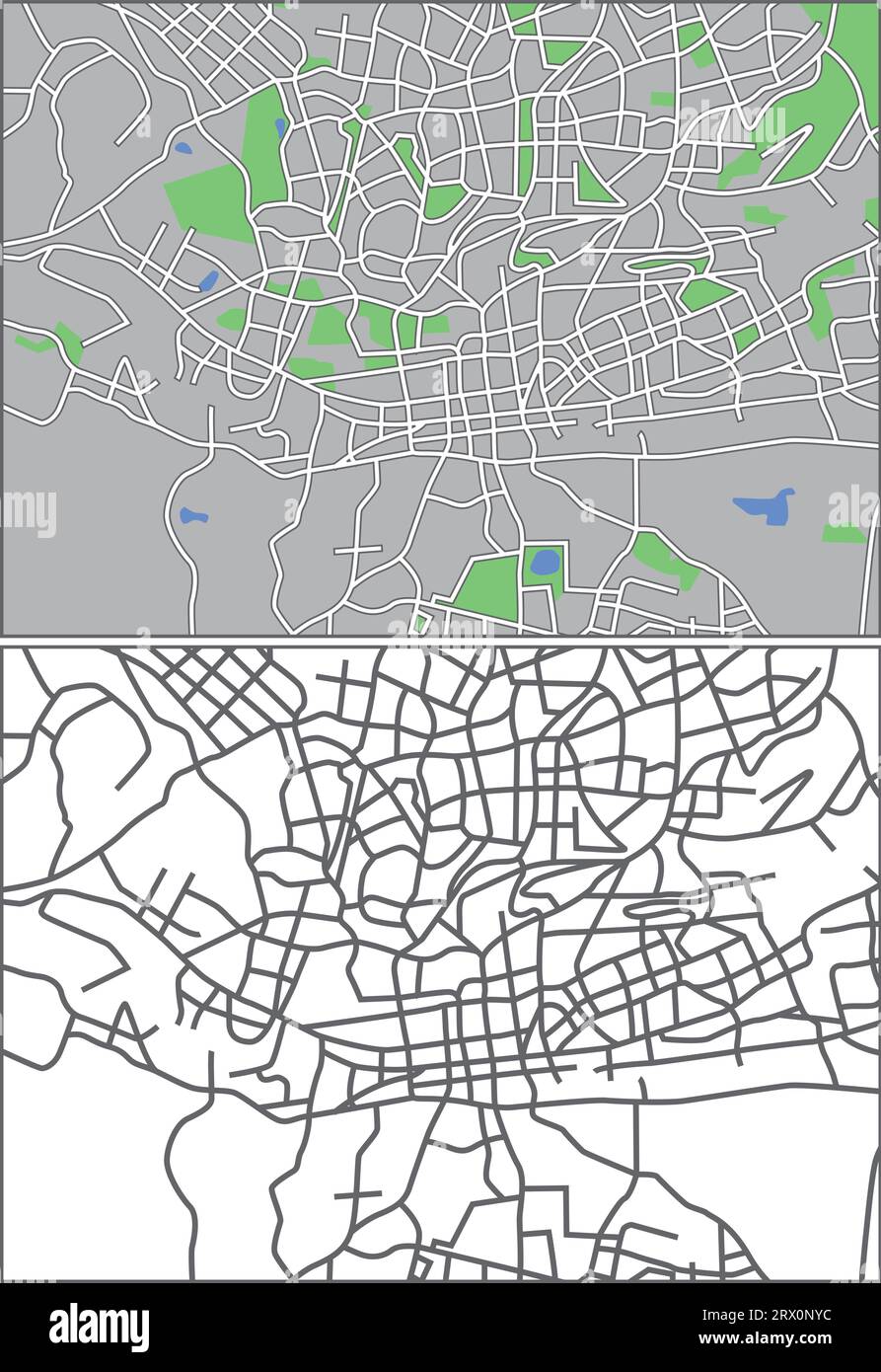 Geschichtete editierbare Vektorstreetmap von Johannesburg, Südafrika, die Linien und farbige Formen für Land, Straßen, Seen und Parks enthält. Stock Vektor