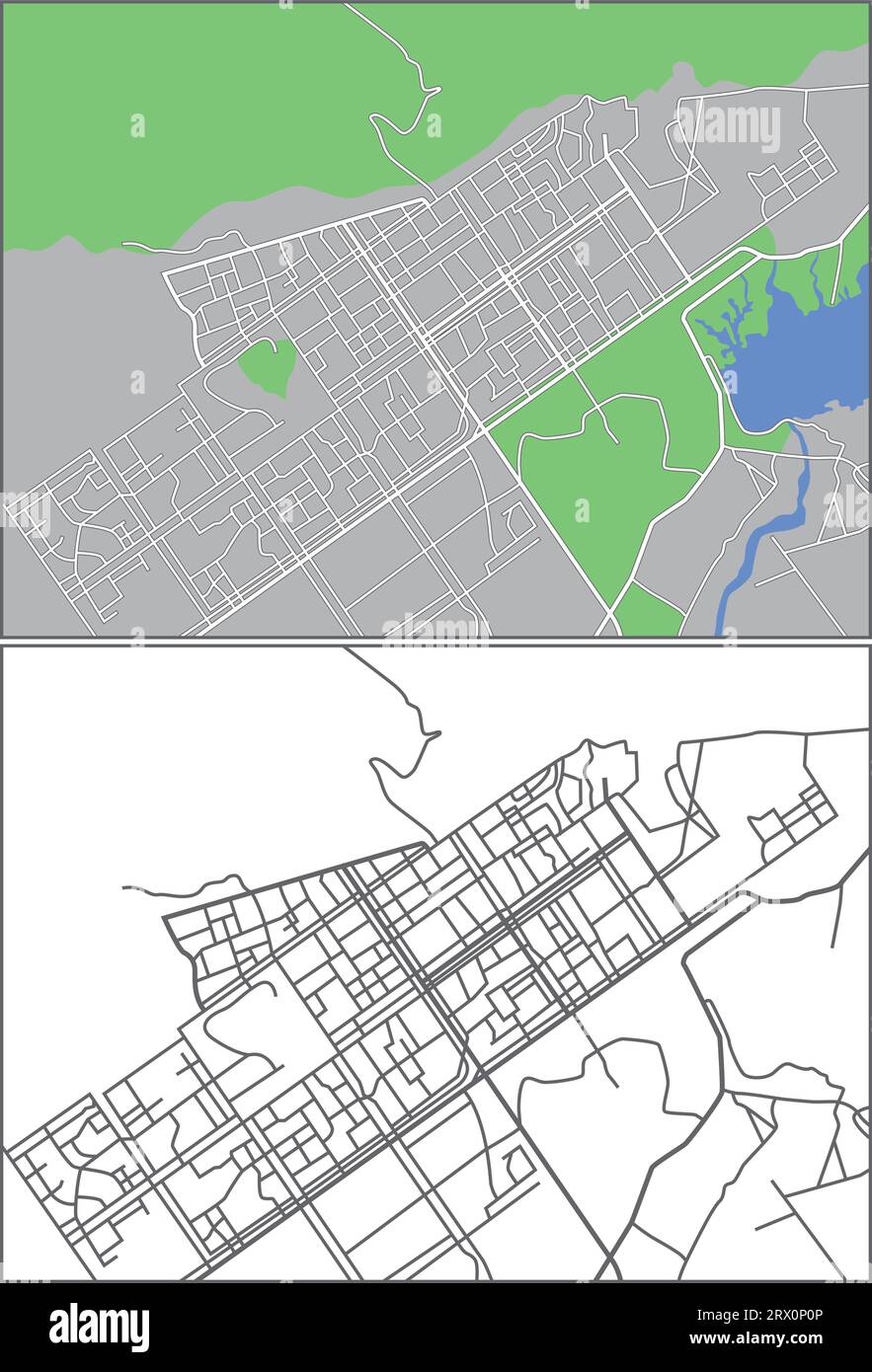Mehrschichtige editierbare Vektorstreetmap von Islamabad, Pakistan, die Linien und farbige Formen für Land, Straßen, Flüsse und Parks enthält. Stock Vektor