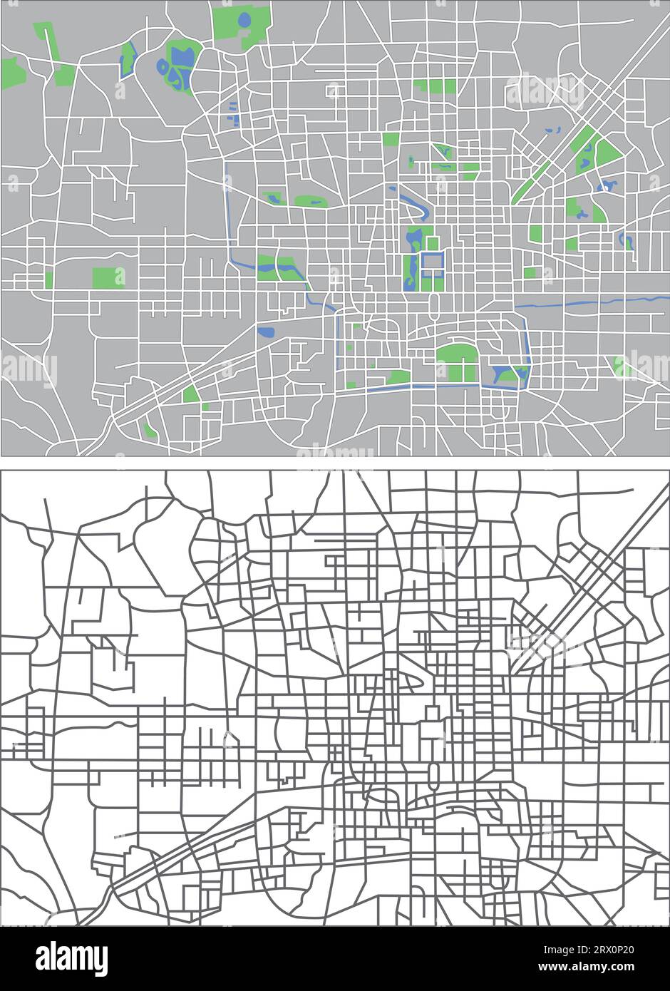 Geschichtete editierbare Vektorstreetmap von Peking, China, die Linien und farbige Formen für Land, Straßen, Flüsse und Parks enthält. Stock Vektor