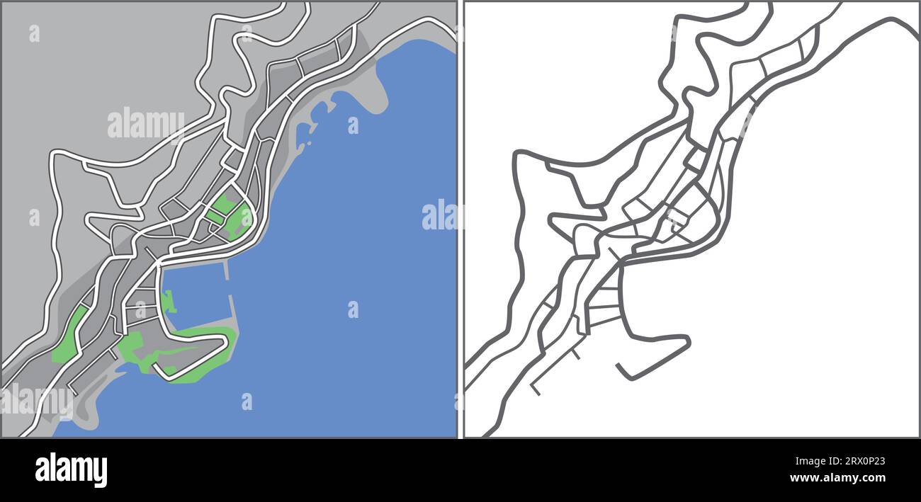 Geschichtete editierbare Vektorstreetmap von Monaco, die Linien und farbige Formen für Ländereien, Straßen und Parks enthält. Stock Vektor