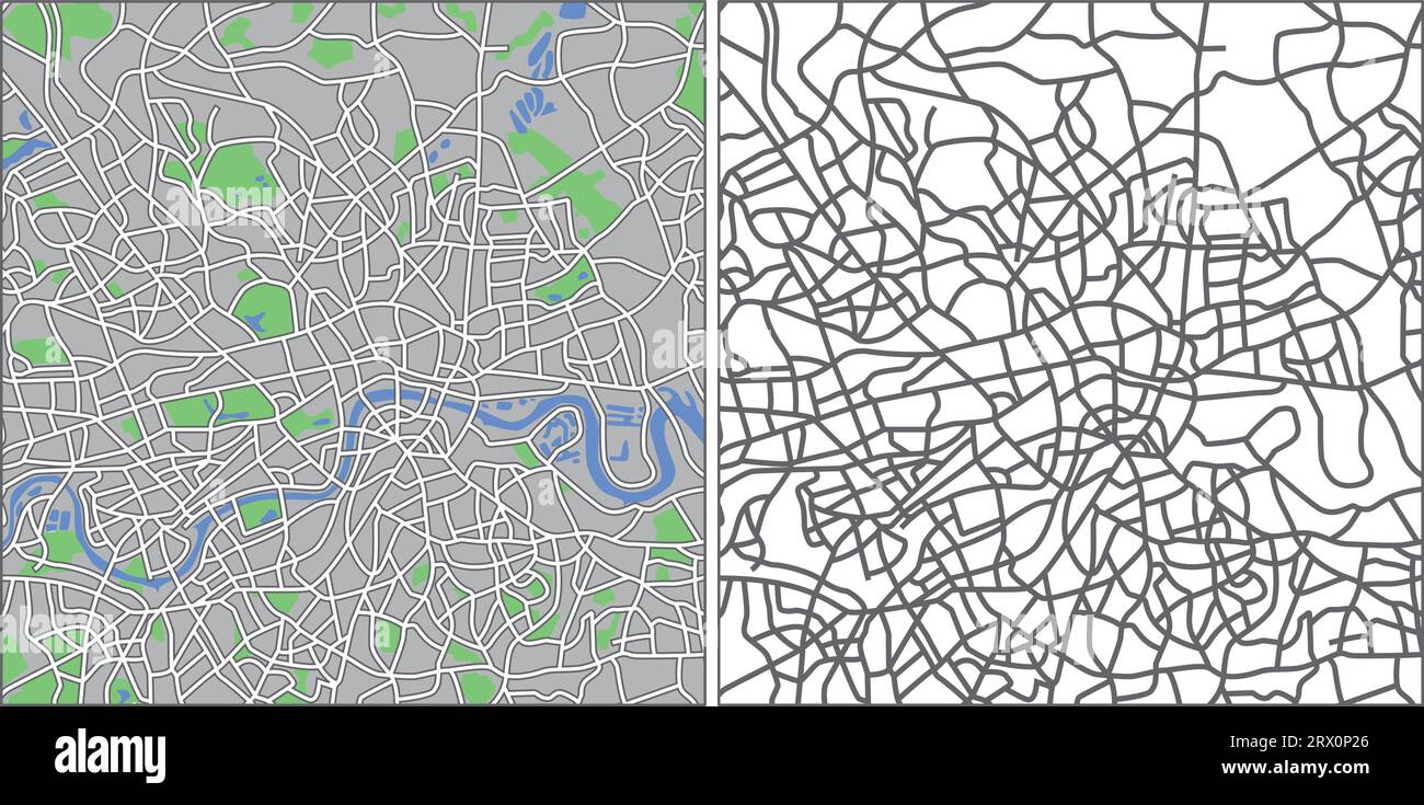 Geschichtete editierbare Vektorstreetmap von London, Großbritannien, die Linien und farbige Formen für Land, Straßen, Flüsse und Parks enthält. Stock Vektor