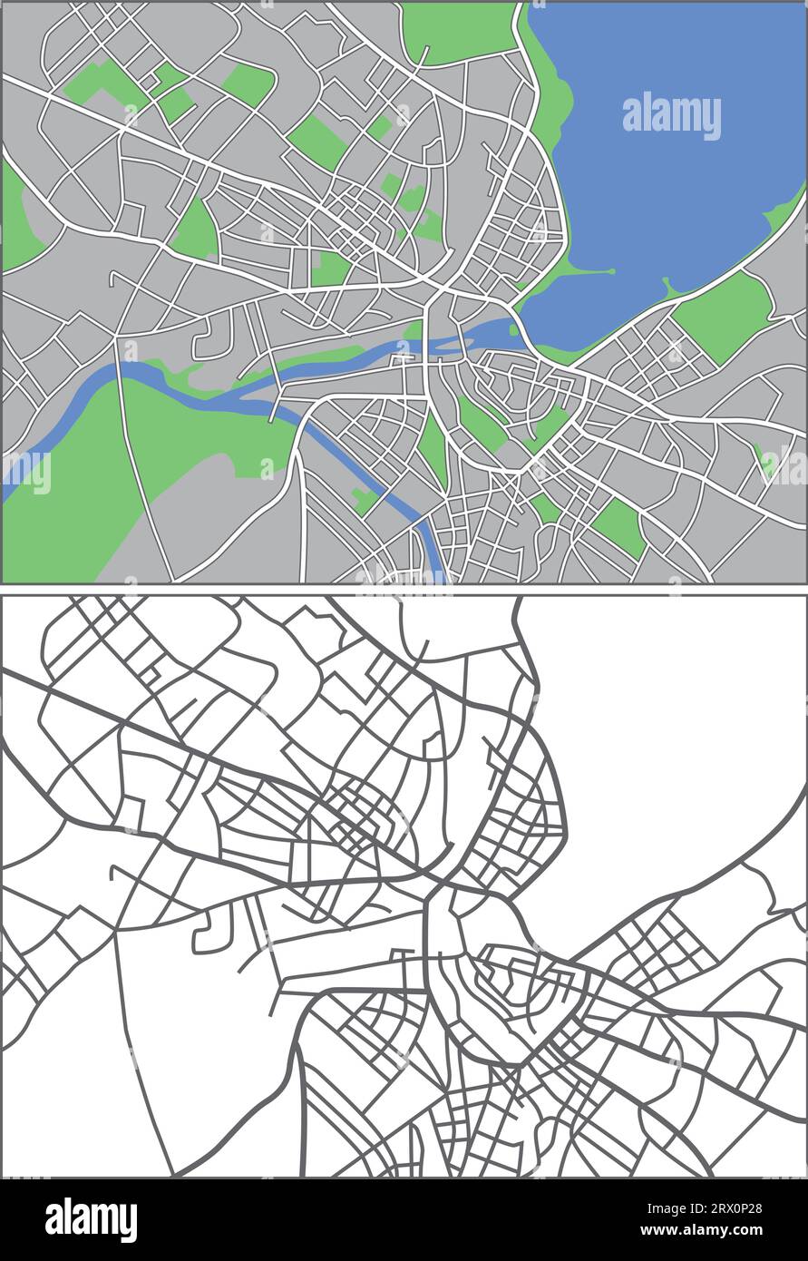 Geschichtete editierbare Vektorstreetmap von Genf, Schweiz, die Linien und farbige Formen für Land, Straßen, Flüsse und Parks enthält. Stock Vektor